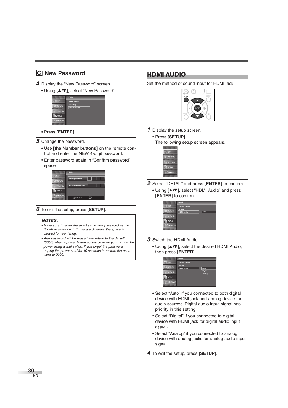 Hdmi audio, C new password, Set the method of sound input for hdmi jack | Emerson EWL3706 User Manual | Page 30 / 36