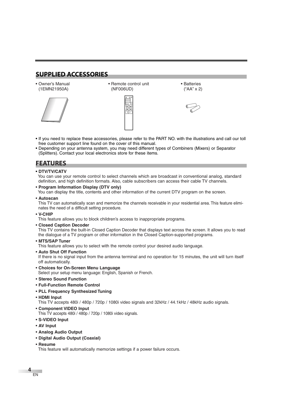 Features supplied accessories | Emerson EWL3706 User Manual | Page 4 / 36
