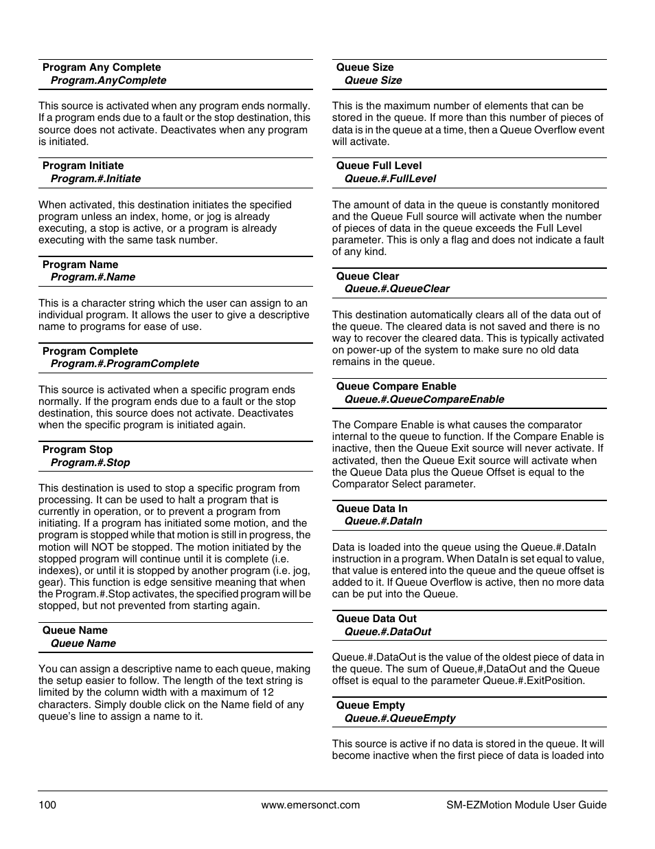 Program.anycomplete, Program.#.initiate, Program.#.name | Program.#.programcomplete, Program.#.stop, Queue name, Queue size, Queue.#.fulllevel, Queue.#.queueclear, Queue.#.queuecompareenable | Emerson P/N 400361-00 User Manual | Page 114 / 152