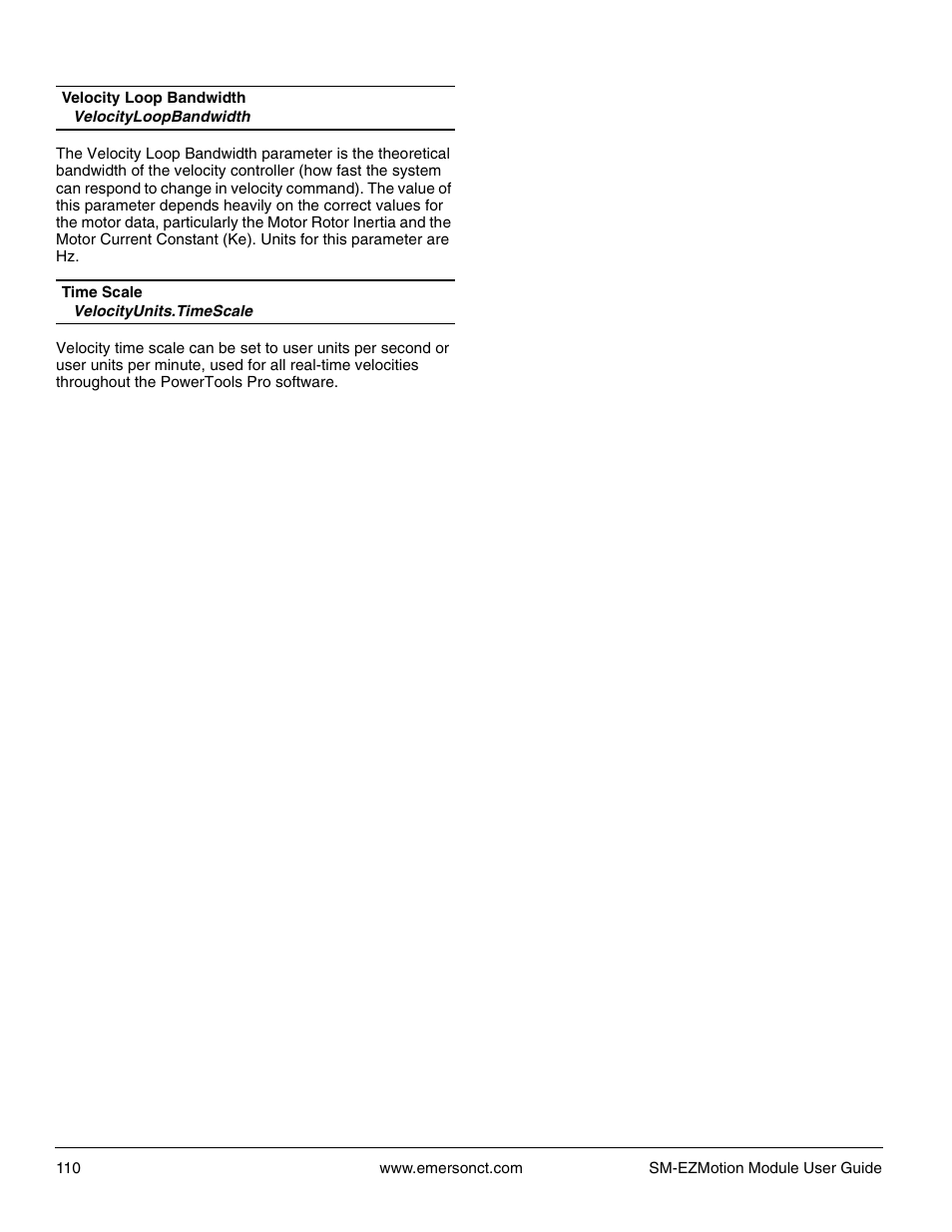 Velocityloopbandwidth, Velocityunits.timescale | Emerson P/N 400361-00 User Manual | Page 124 / 152