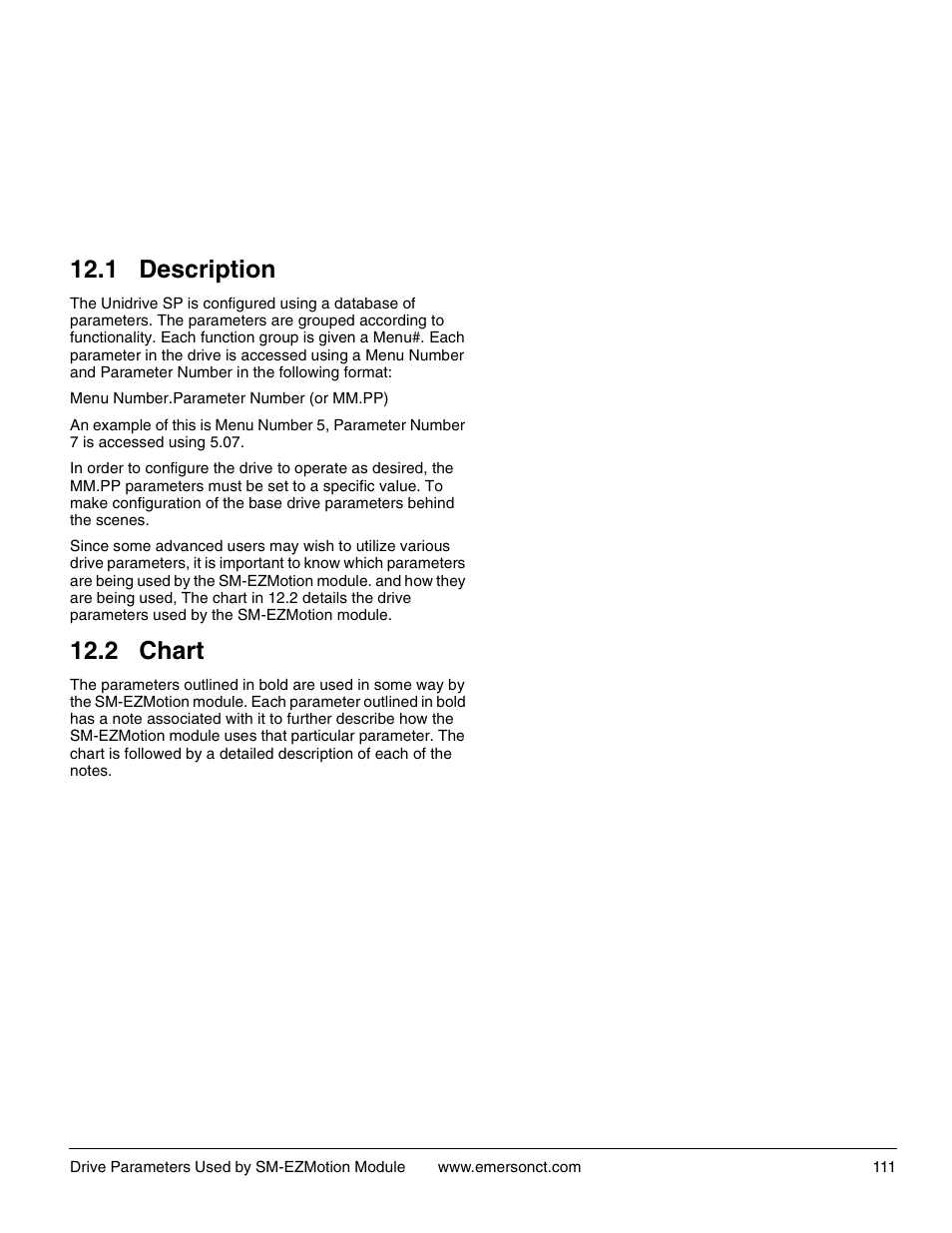 12 drive parameters used by sm-ezmotion module, 1 description, 2 chart | 1 description 12.2 chart | Emerson P/N 400361-00 User Manual | Page 125 / 152