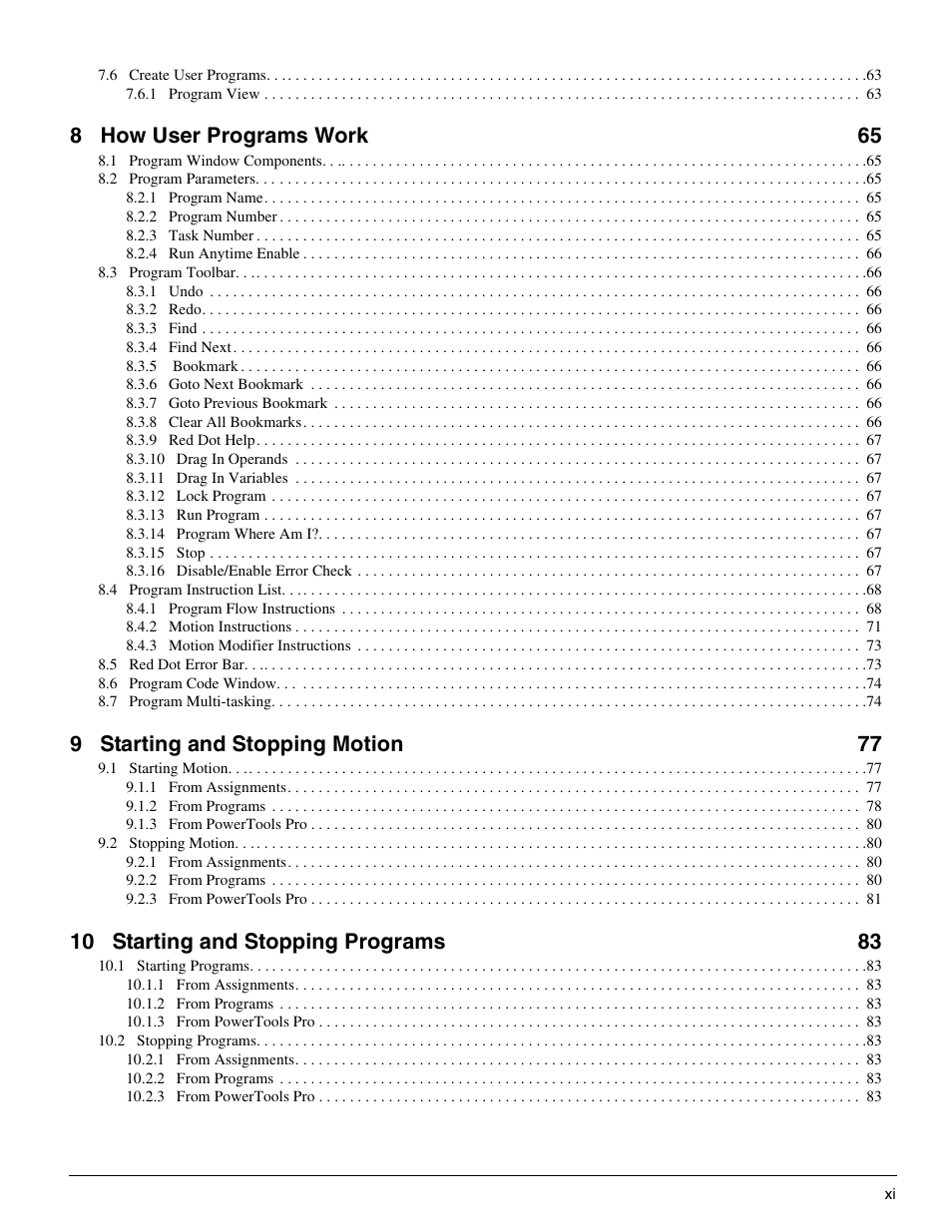 8 how user programs work 65, 9 starting and stopping motion 77, 10 starting and stopping programs 83 | Emerson P/N 400361-00 User Manual | Page 13 / 152