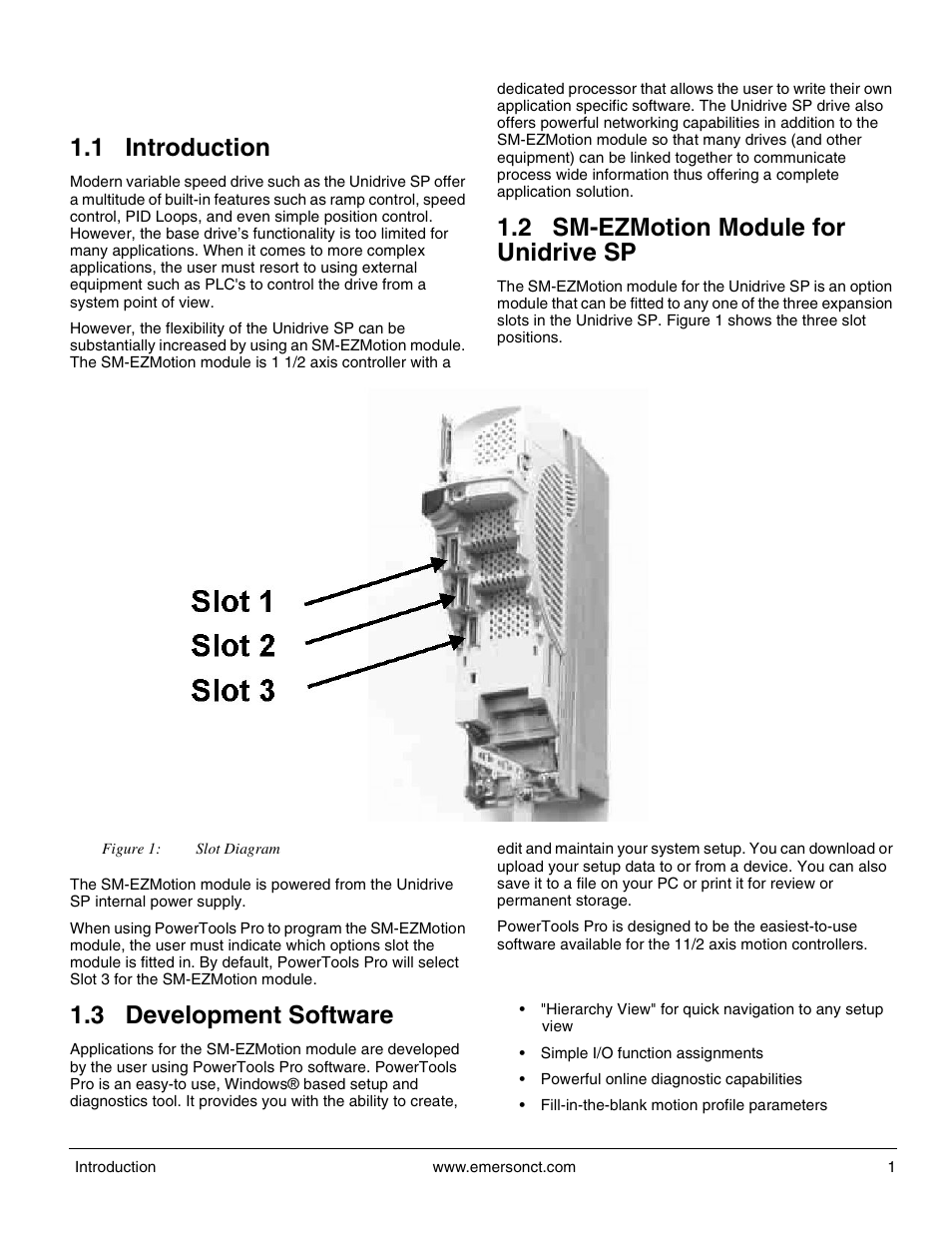 1 introduction, 2 sm-ezmotion module for unidrive sp, 3 development software | 1 features | Emerson P/N 400361-00 User Manual | Page 15 / 152