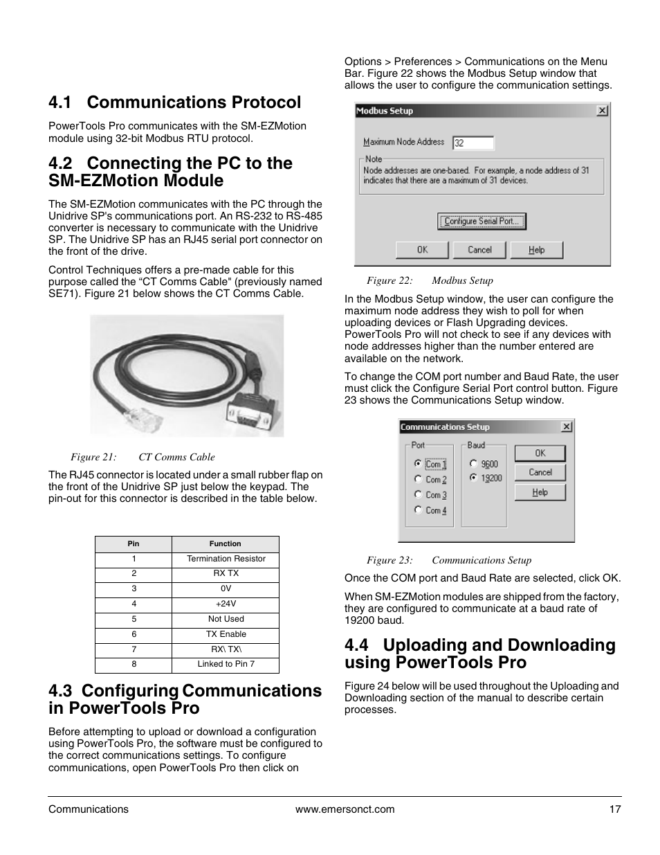 4 communications, 1 communications protocol, 2 connecting the pc to the sm-ezmotion module | 3 configuring communications in powertools pro, 4 uploading and downloading using powertools pro | Emerson P/N 400361-00 User Manual | Page 31 / 152