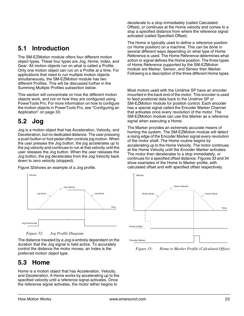 5 how motion works, 1 introduction, 2 jog | 3 home, 1 home to marker, 2 jog 5.3 home | Emerson P/N 400361-00 User Manual | Page 37 / 152