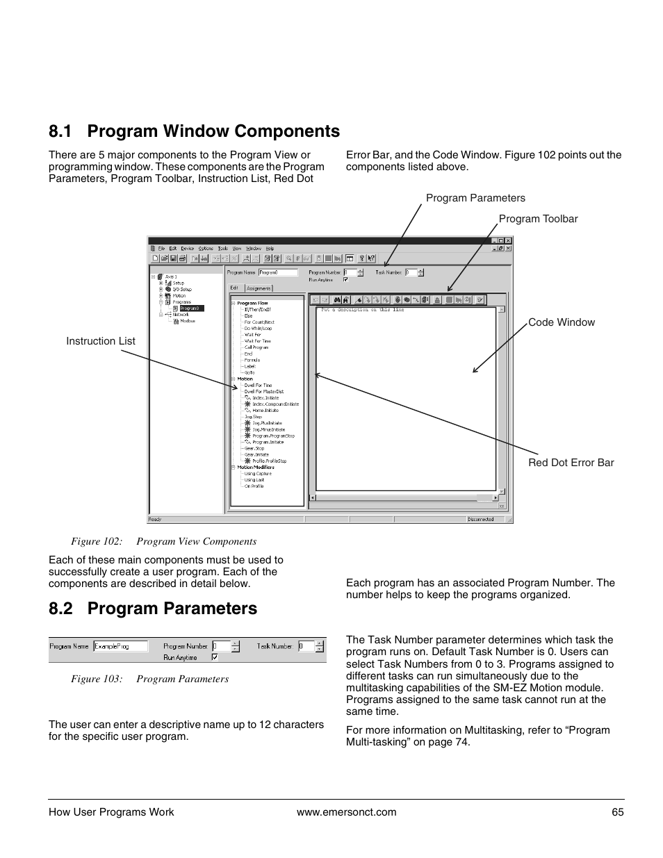 8 how user programs work, 1 program window components, 2 program parameters | 1 program name, 2 program number, 3 task number, 1 program window components 8.2 program parameters | Emerson P/N 400361-00 User Manual | Page 79 / 152