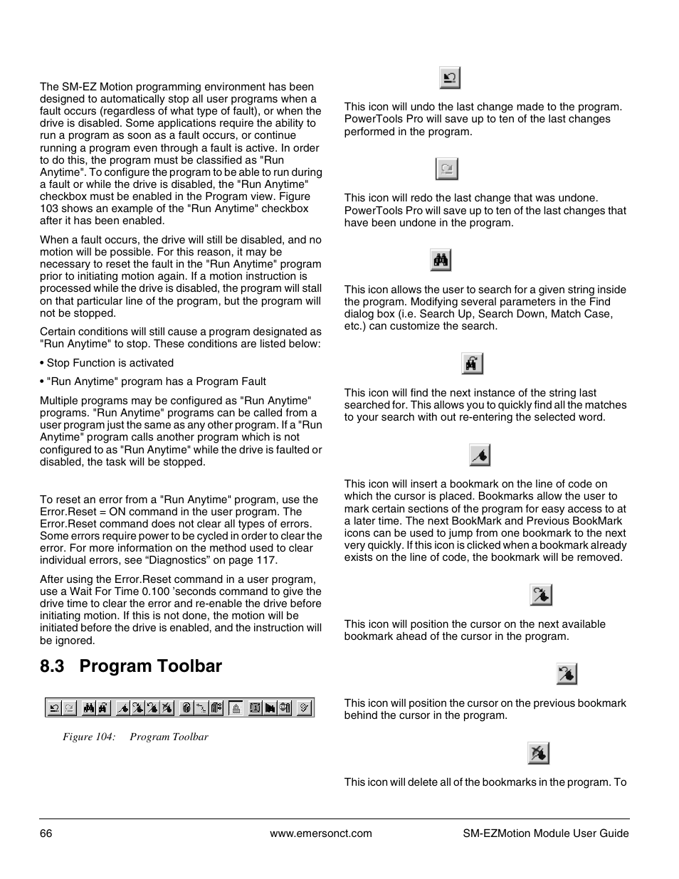 4 run anytime enable, 3 program toolbar, 1 undo | 2 redo, 3 find, 4 find next, 5 bookmark, 6 goto next bookmark, 7 goto previous bookmark, 8 clear all bookmarks | Emerson P/N 400361-00 User Manual | Page 80 / 152