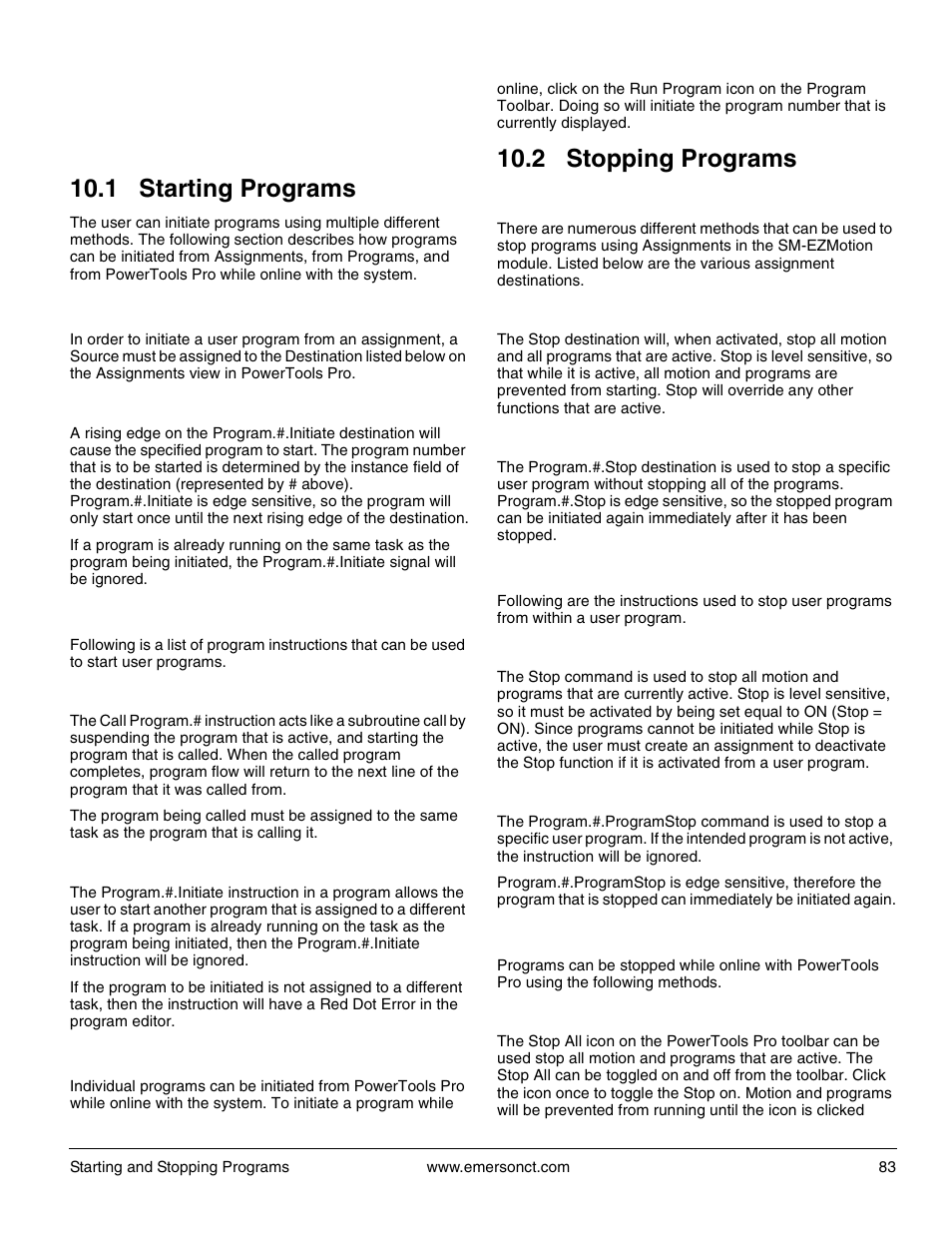 10 starting and stopping programs, 1 starting programs, 1 from assignments | 2 from programs, 3 from powertools pro, 2 stopping programs | Emerson P/N 400361-00 User Manual | Page 97 / 152