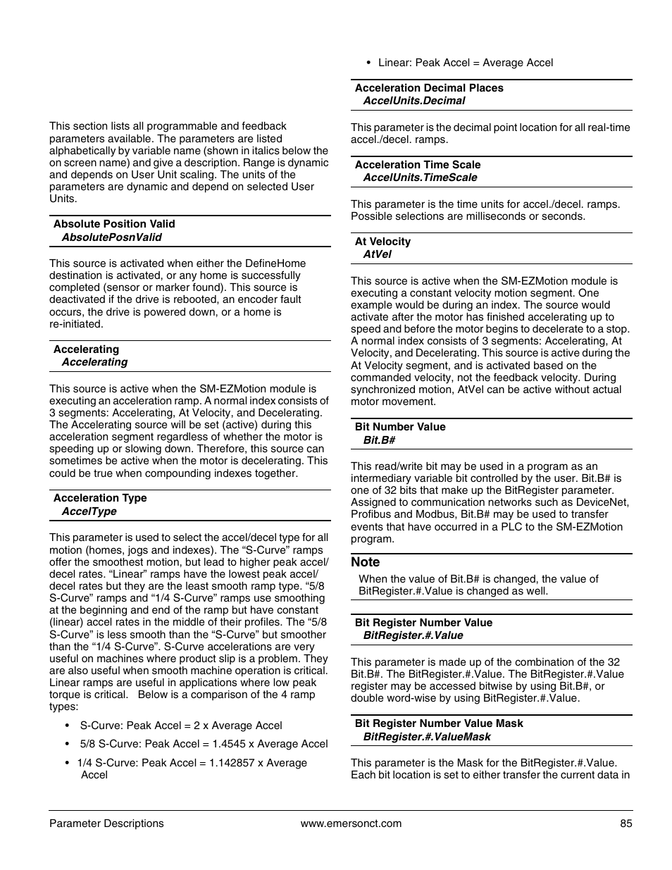 11 parameter descriptions, Absoluteposnvalid, Accelerating | Acceltype, Accelunits.decimal, Accelunits.timescale, Atvel, Bit.b, Bitregister.#.value, Bitregister.#.valuemask | Emerson P/N 400361-00 User Manual | Page 99 / 152
