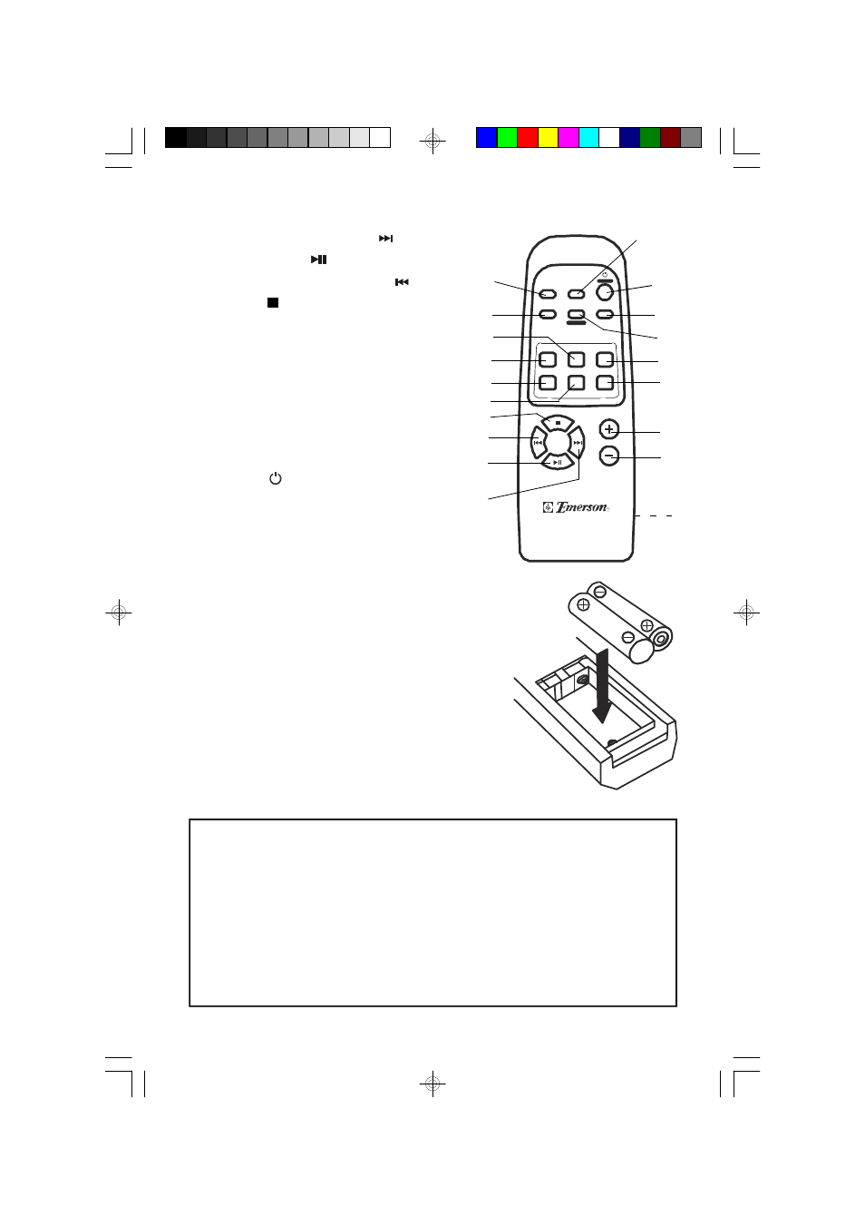 Remote control, Batte ry in s tallation | Emerson Radio MS9933TT User Manual | Page 11 / 36