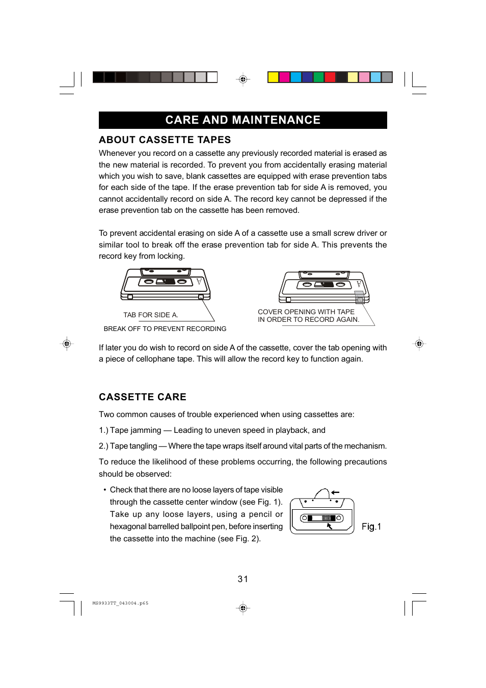 Care and maintenance, About cassette tapes, Cassette care | Emerson Radio MS9933TT User Manual | Page 32 / 36