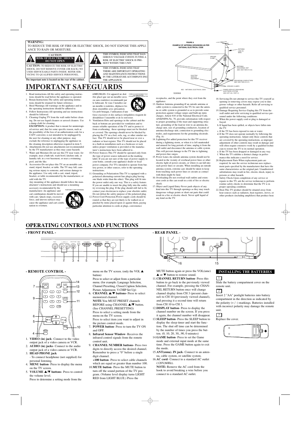 Important safeguards, Operating controls and functions, Front panel - - rear panel | Installing the batteries, Remote control | Emerson EWT19S2 User Manual | Page 2 / 4