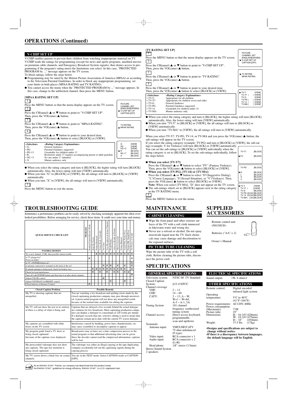 Specifications operations (continued), Maintenance, Supplied accessories troubleshooting guide | Emerson EWT19S2 User Manual | Page 4 / 4