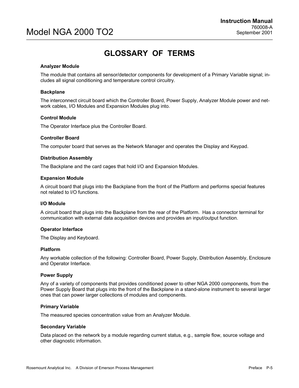 Glossary, Glossary of terms | Emerson NGA 2000 TO2 User Manual | Page 11 / 78