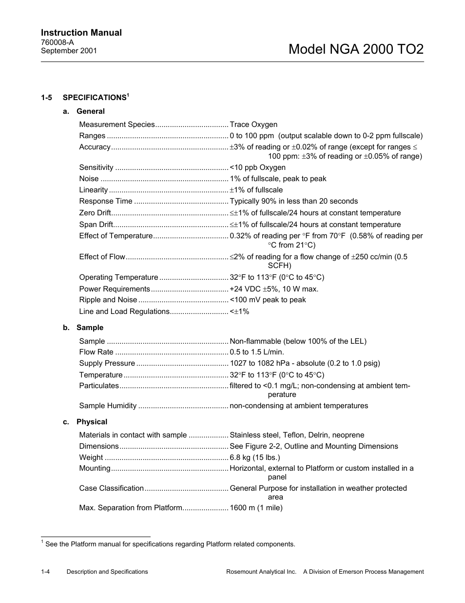 5. specifications, A. general, B. sample | C. physical | Emerson NGA 2000 TO2 User Manual | Page 16 / 78