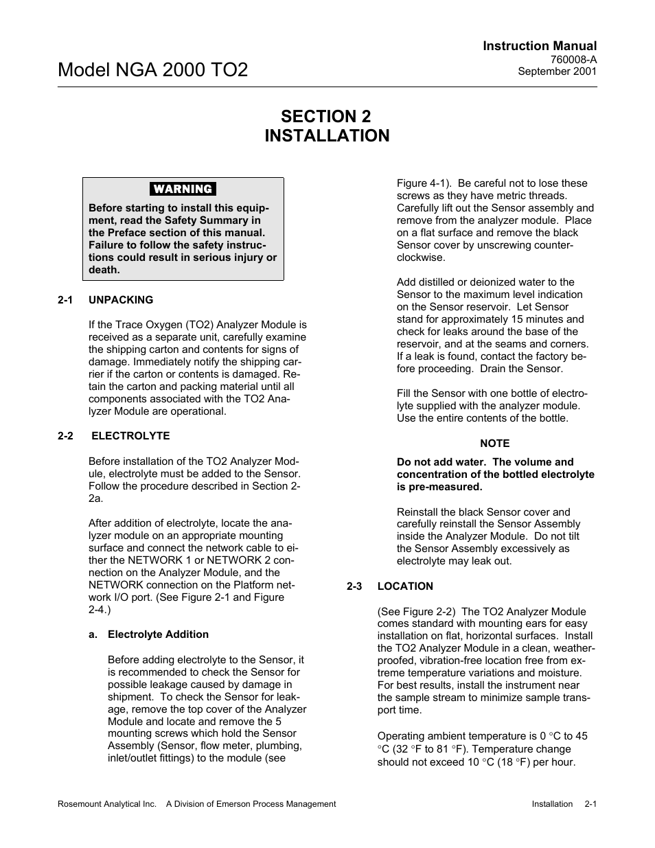 0. installation, 1. unpacking, 2. electrolyte | A. electrolyte addition, 3. location | Emerson NGA 2000 TO2 User Manual | Page 19 / 78