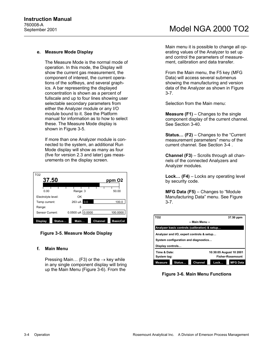 E. measure mode display, F. main menu, Instruction manual | Emerson NGA 2000 TO2 User Manual | Page 28 / 78