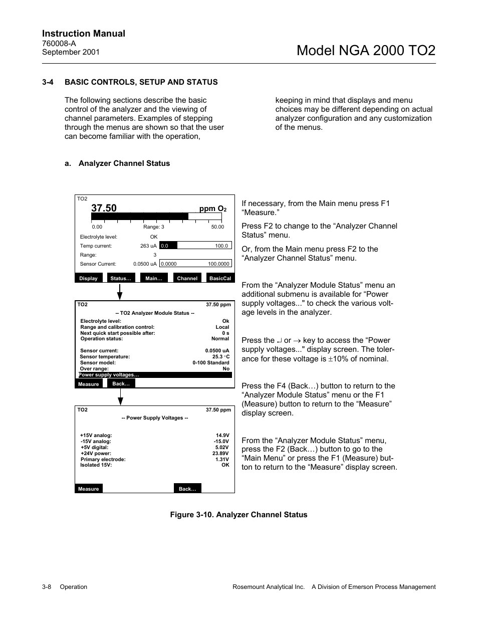 4. basic controls, setup and status, A. analyzer channel status, Instruction manual | Emerson NGA 2000 TO2 User Manual | Page 32 / 78