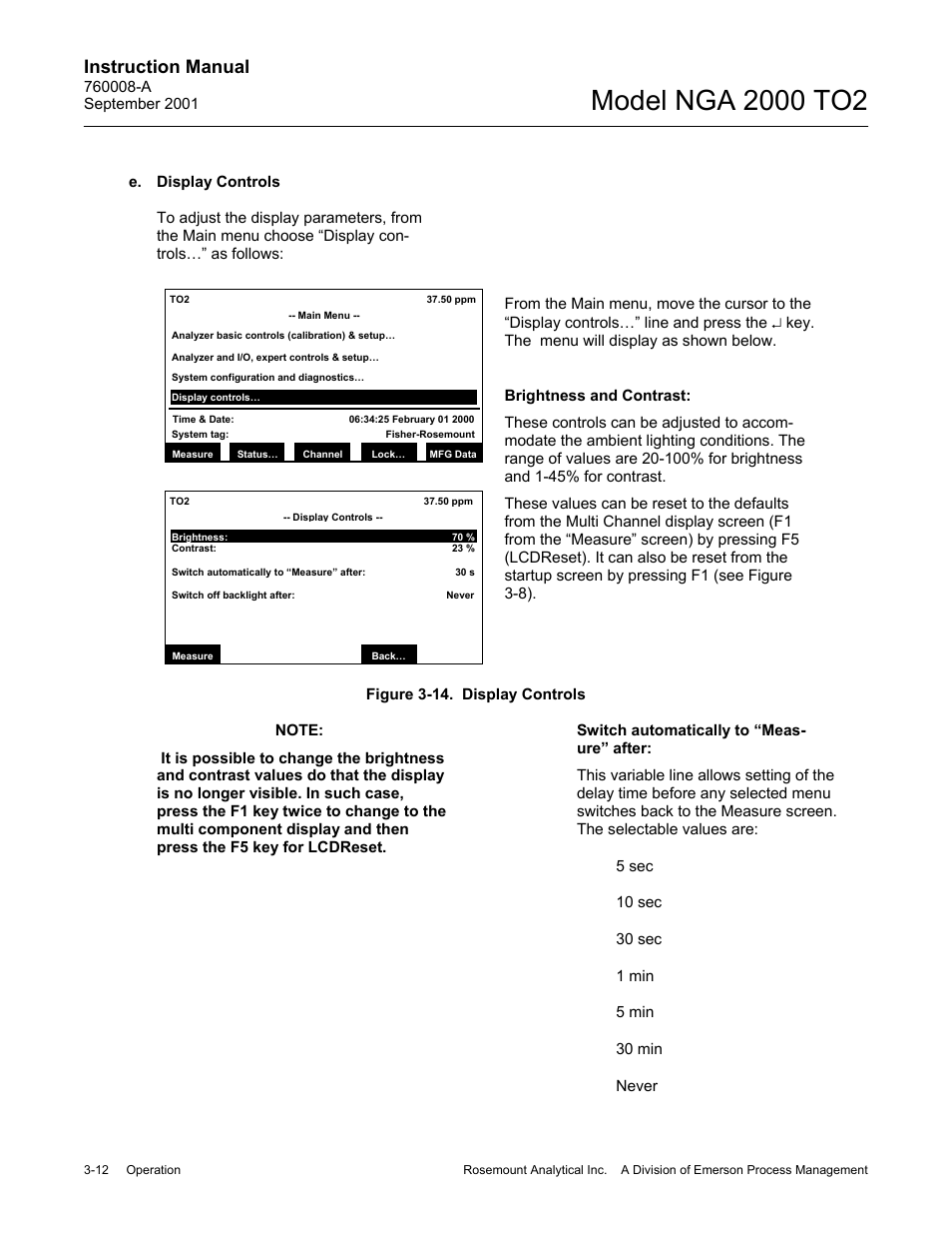E. display controls, Brightness and contrast, Instruction manual | Emerson NGA 2000 TO2 User Manual | Page 36 / 78