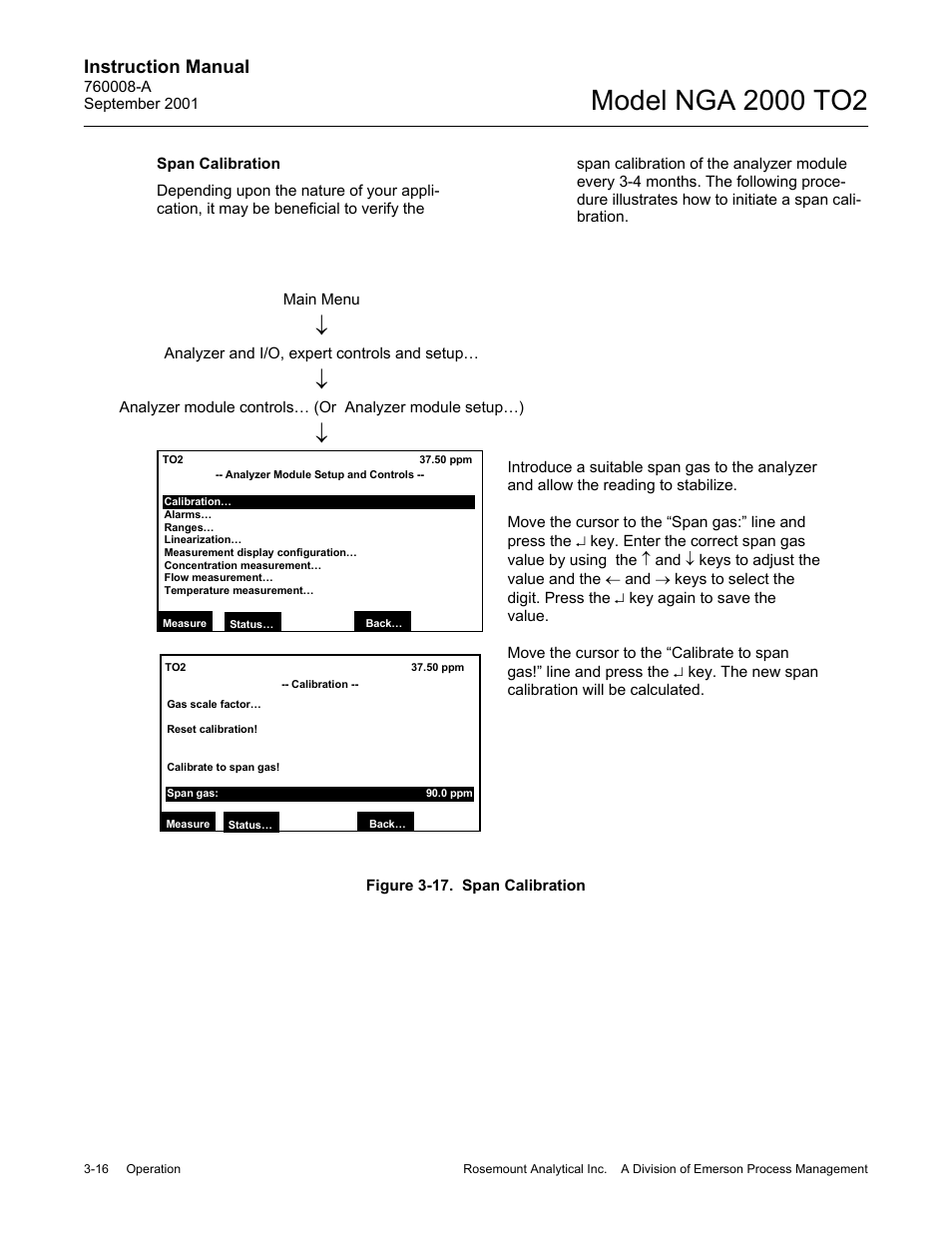 Span calibration, Instruction manual | Emerson NGA 2000 TO2 User Manual | Page 40 / 78