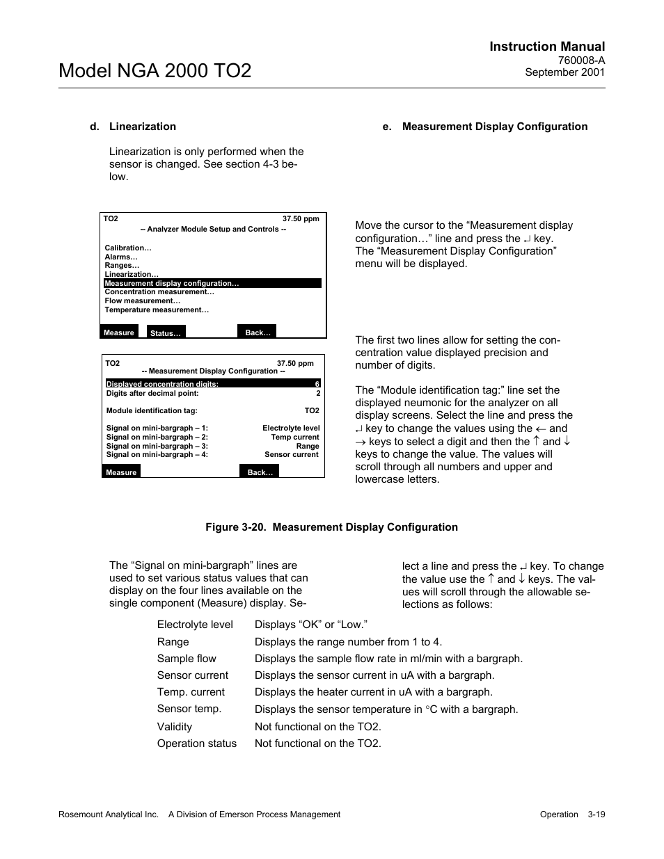 D. linearization, E. measurement display configuration, Instruction manual | Emerson NGA 2000 TO2 User Manual | Page 43 / 78