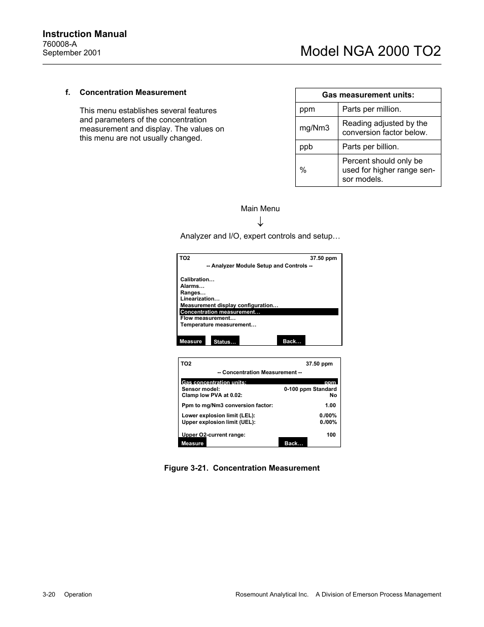 F. concentration measurement, Gas measurement units, Instruction manual | Emerson NGA 2000 TO2 User Manual | Page 44 / 78