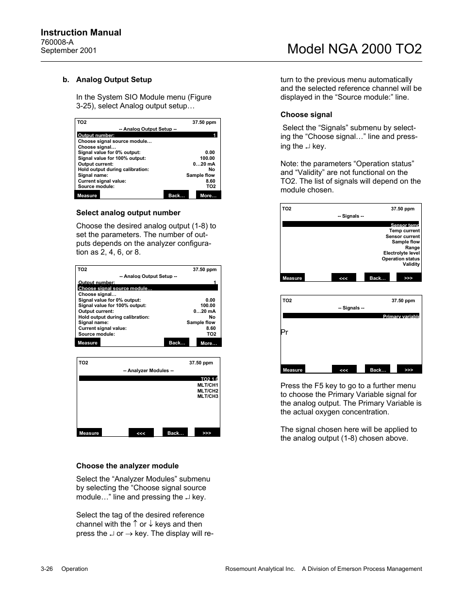 B. analog output setup, Select analog output number, Choose analyzer module | Choose signal, Instruction manual | Emerson NGA 2000 TO2 User Manual | Page 50 / 78