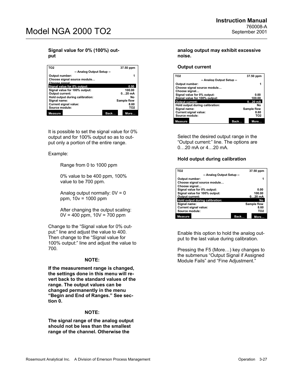 Signal value for 0% (100%) output, Output current, Hold output during calibration | Instruction manual | Emerson NGA 2000 TO2 User Manual | Page 51 / 78