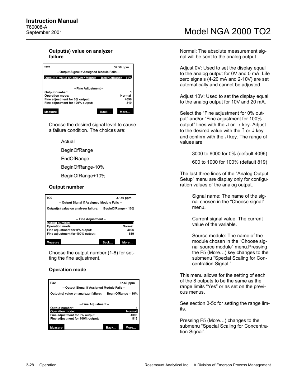 Output(s) value on analyzer failure, Output number, Operation mode | Instruction manual | Emerson NGA 2000 TO2 User Manual | Page 52 / 78