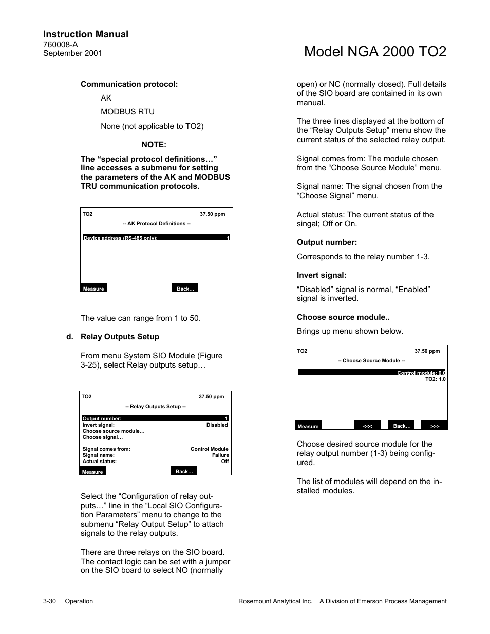 D. relay outputs setup, Output number, Invert signal | Choose source module, Instruction manual | Emerson NGA 2000 TO2 User Manual | Page 54 / 78
