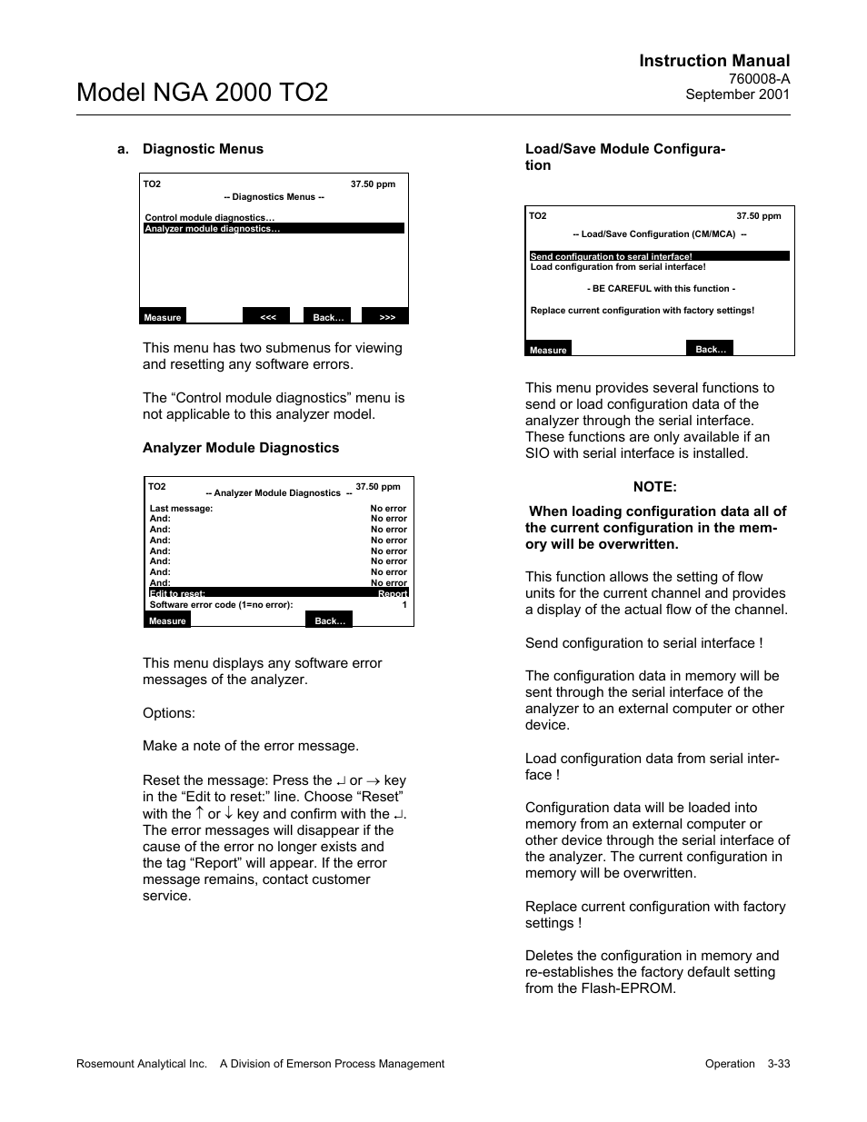 A. diagnostic menus, Analyzer module diagnostics, Load/save module configuration | Send configuration to serial interface, Load configuration data from serial interface, Instruction manual | Emerson NGA 2000 TO2 User Manual | Page 57 / 78