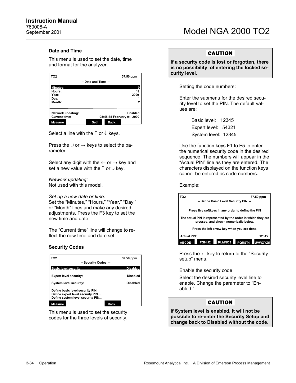 Date and time, Security codes, Instruction manual | Emerson NGA 2000 TO2 User Manual | Page 58 / 78