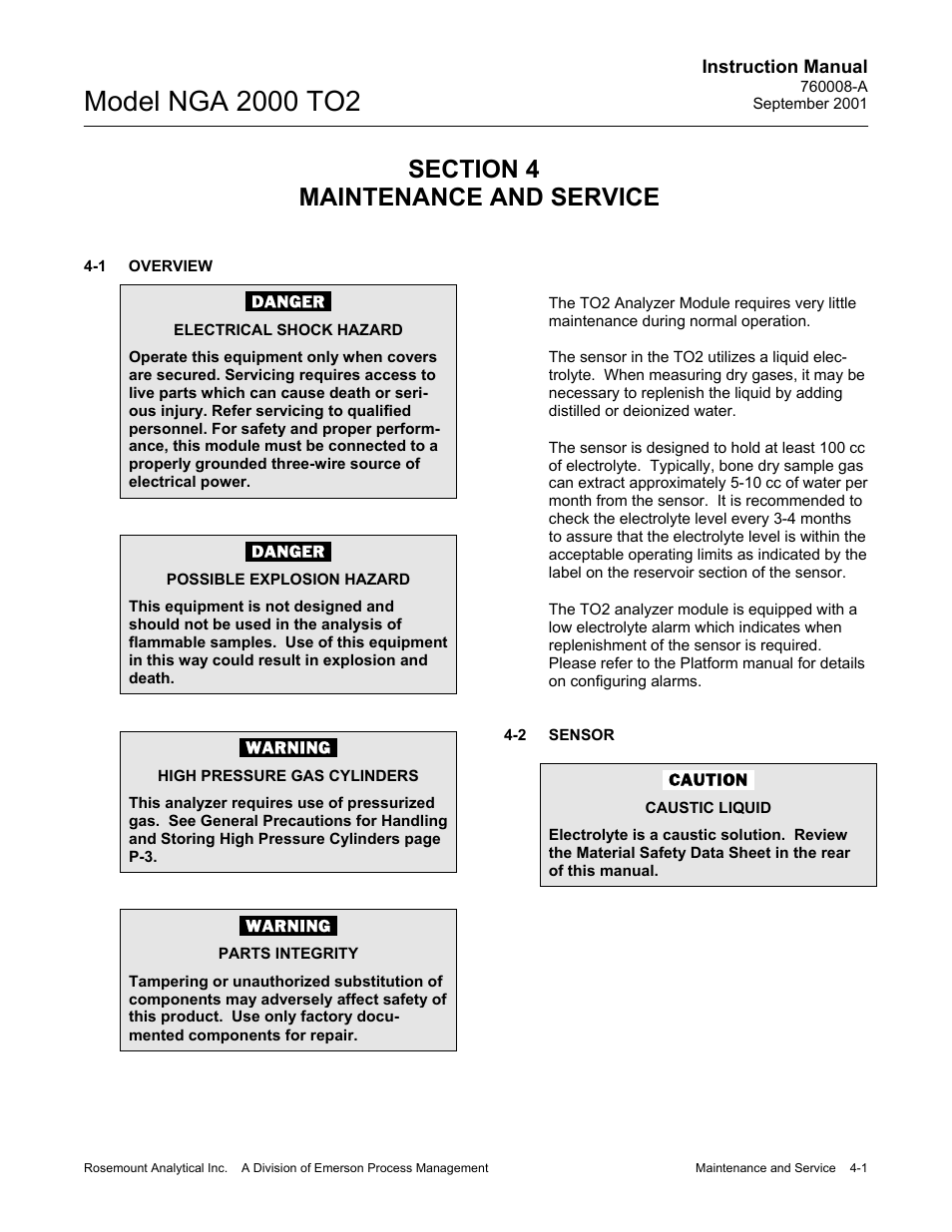 0. maintenance and service, 1. overview, 2. sensor | Emerson NGA 2000 TO2 User Manual | Page 61 / 78