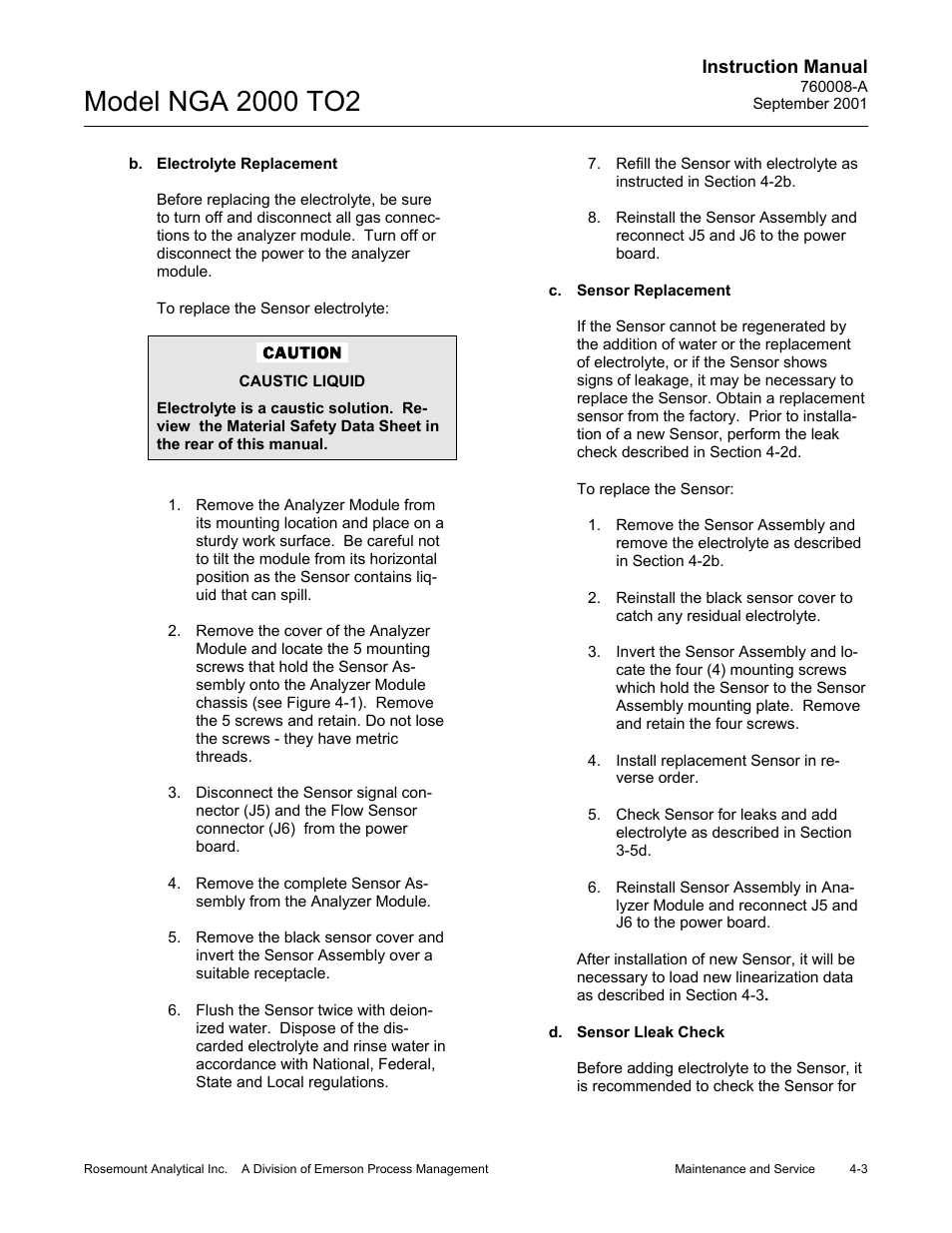 B. electrolyte replacement, C. sensor replacement, D. sensor leak check | Emerson NGA 2000 TO2 User Manual | Page 63 / 78