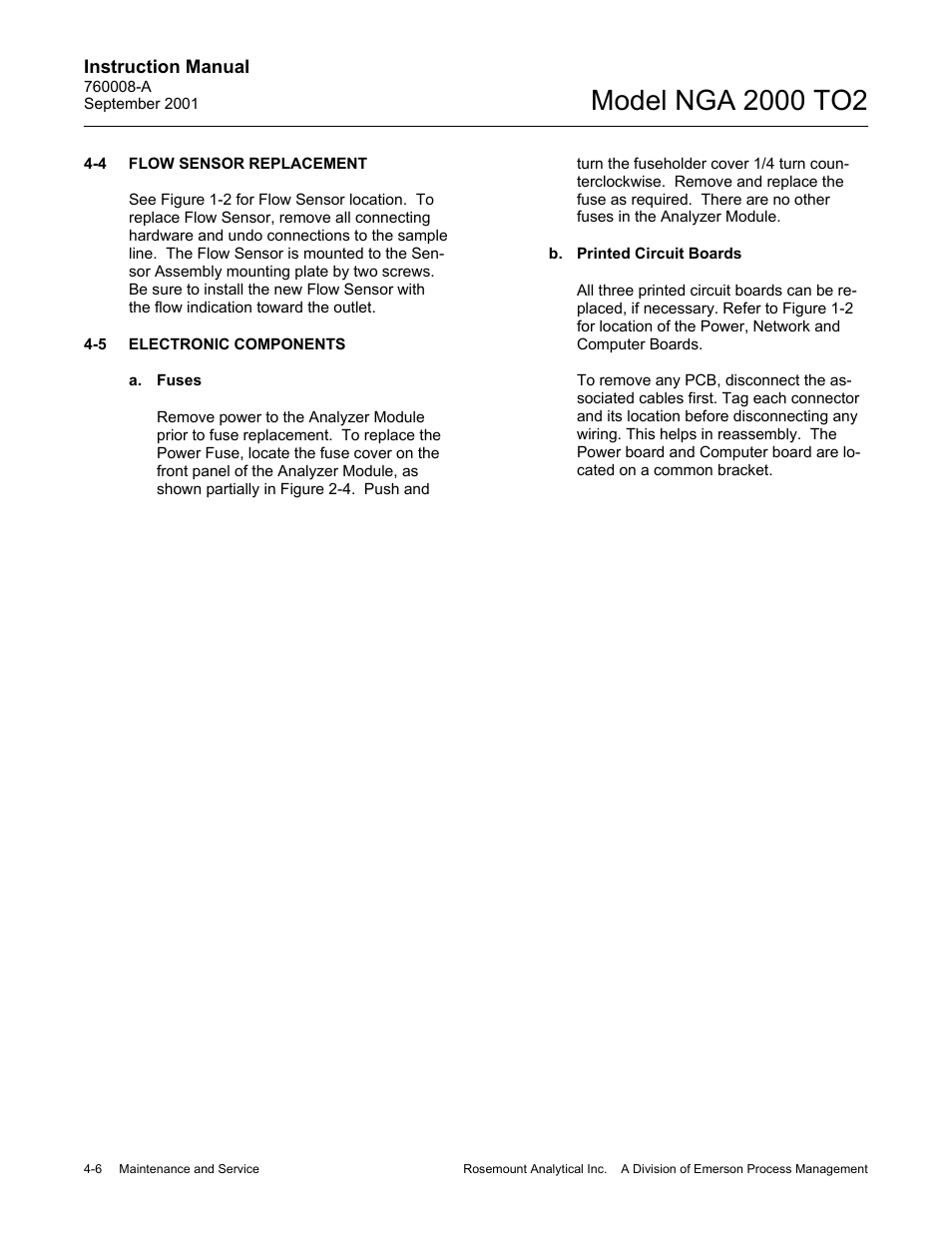 4. flow sensor replacement, 5. electronic components, A. fuses | B. printed circuit boards | Emerson NGA 2000 TO2 User Manual | Page 66 / 78