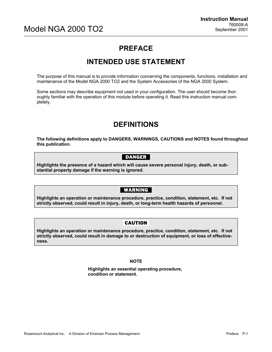Preface, Intended use statement, Definitions | Preface intended use statement | Emerson NGA 2000 TO2 User Manual | Page 7 / 78