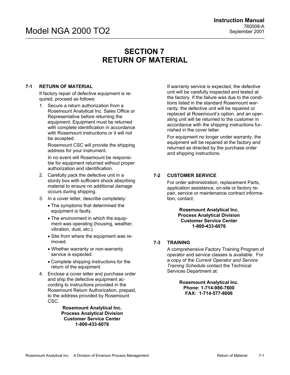 0. return of material, 1. return of material, 2. customer service | 3. training | Emerson NGA 2000 TO2 User Manual | Page 71 / 78