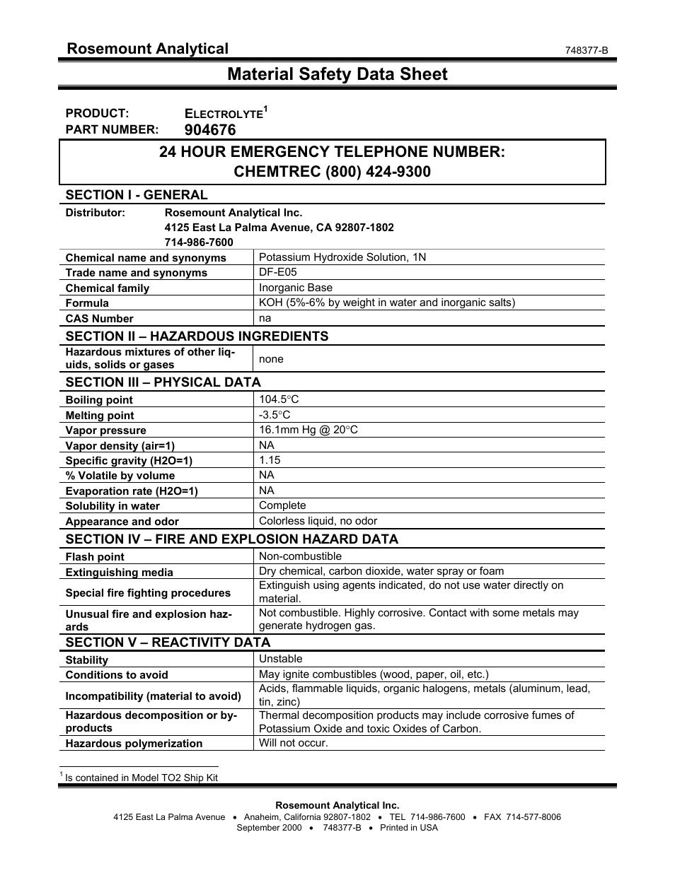 Material safety data sheet 748377, Material safety data sheet, Rosemount analytical | Emerson NGA 2000 TO2 User Manual | Page 75 / 78