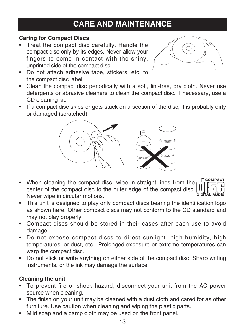 Care and maintenance | Emerson Radio SB110A User Manual | Page 14 / 17