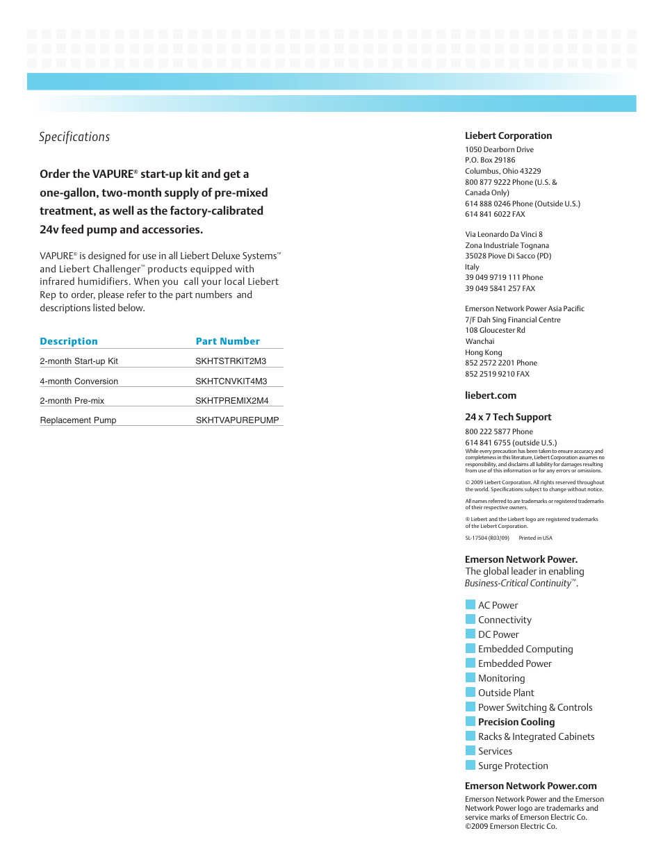 Specifications, Order the vapure | Emerson Liebert Precision Cooling User Manual | Page 2 / 2