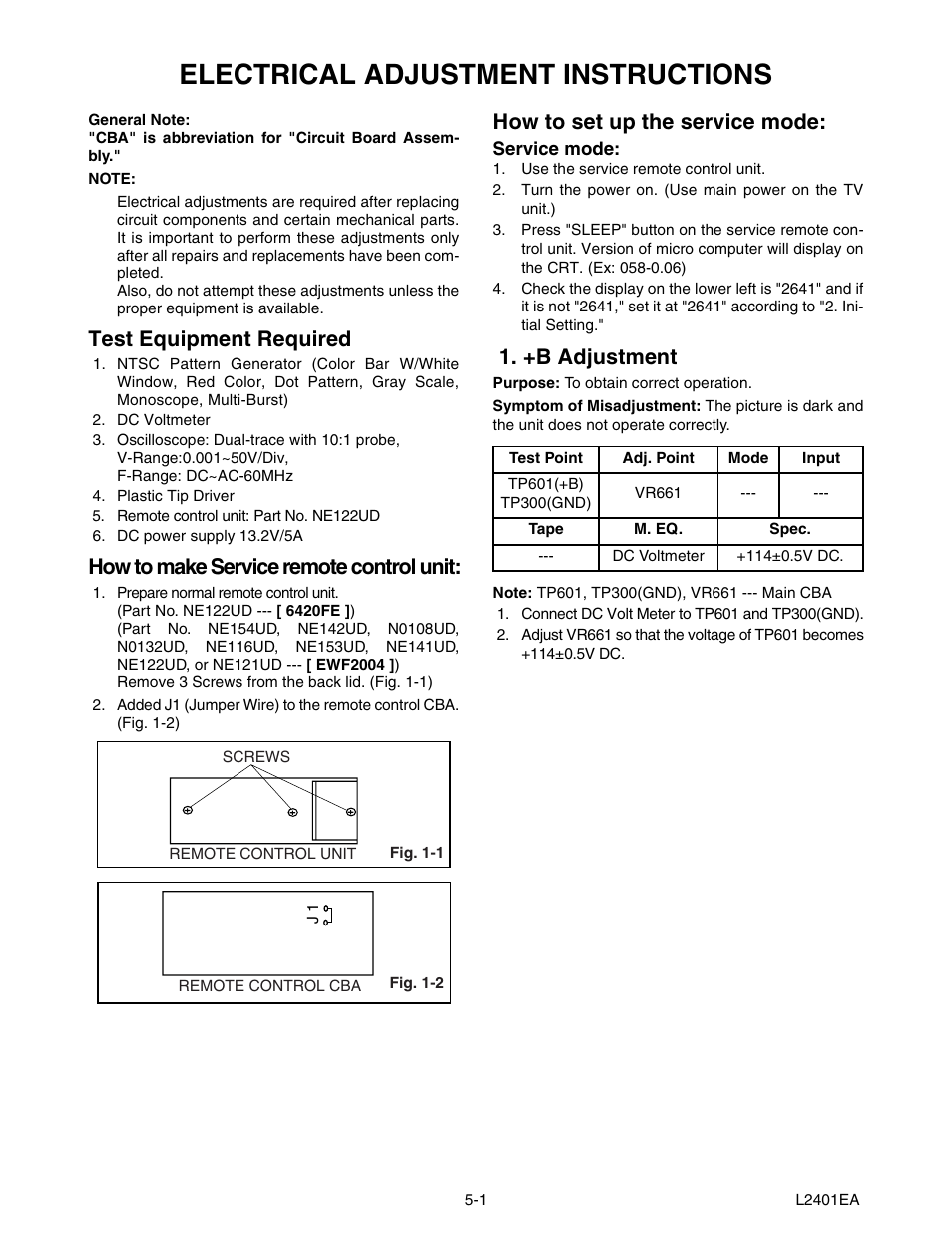 Electrical adjustment instructions, Test equipment required, How to make service remote control unit | How to set up the service mode, +b adjustment | Emerson 20" Color Television 6420FE User Manual | Page 15 / 52