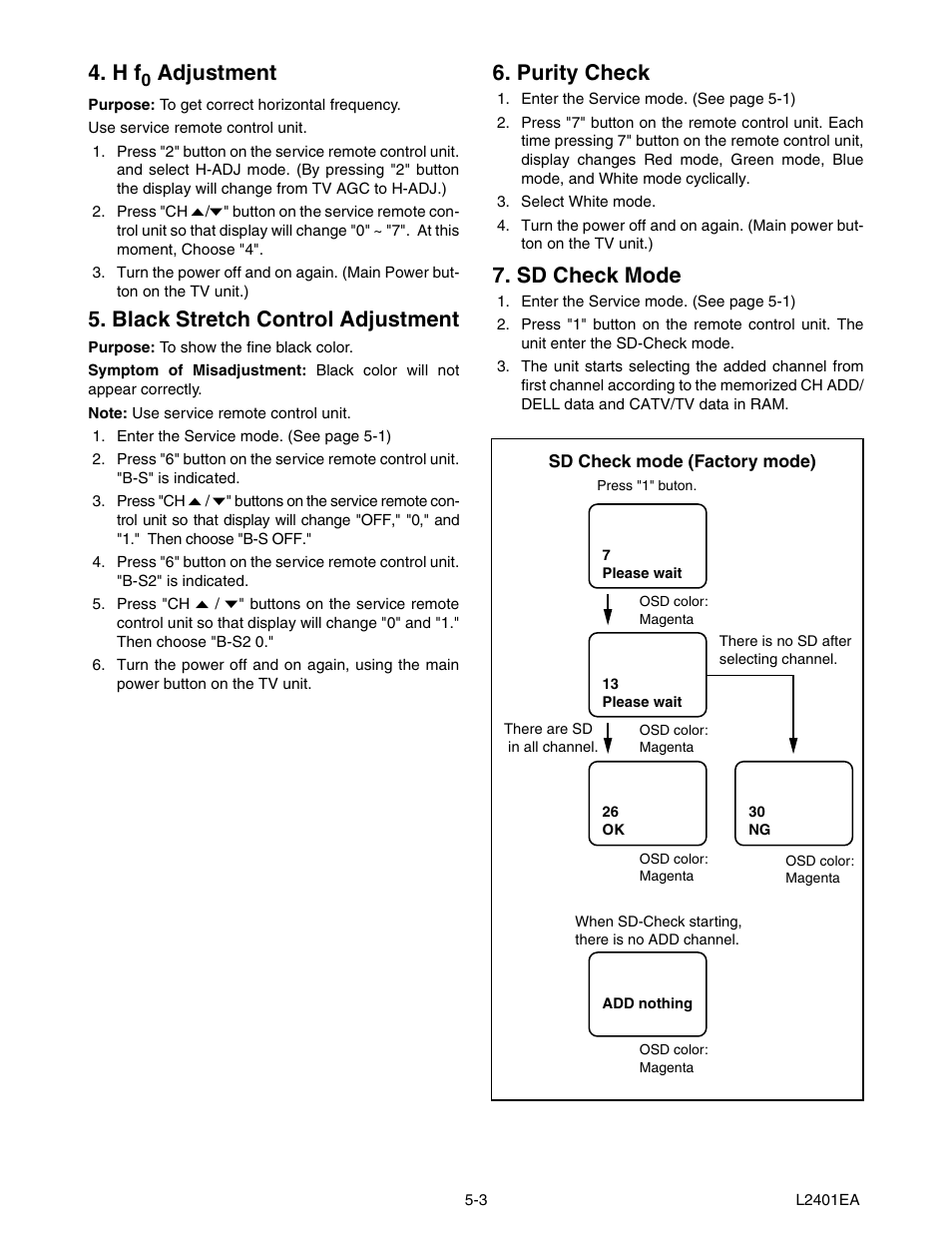 Adjustment, Black stretch control adjustment, Purity check | Sd check mode | Emerson 20" Color Television 6420FE User Manual | Page 17 / 52