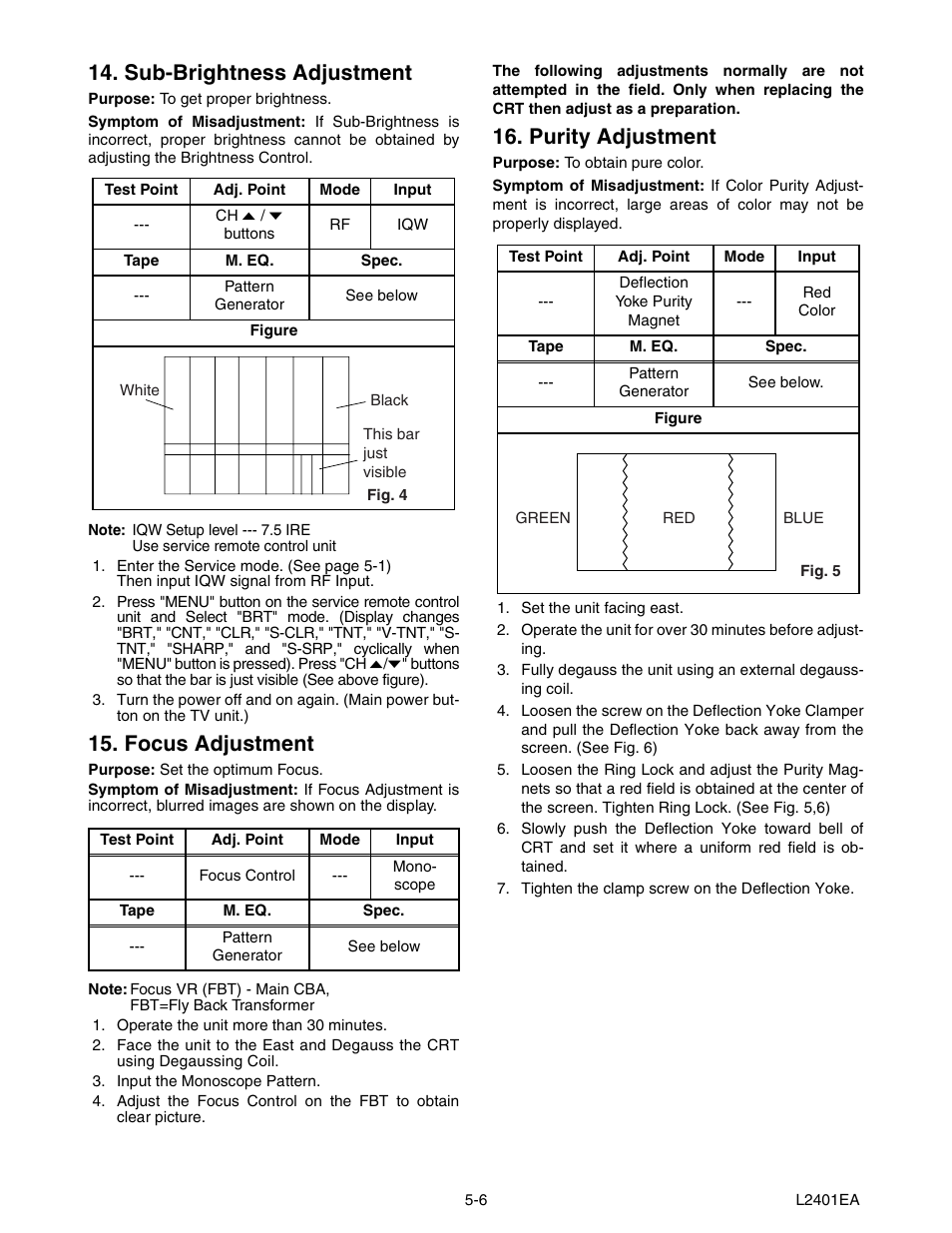 Sub-brightness adjustment, Focus adjustment, Purity adjustment | Emerson 20" Color Television 6420FE User Manual | Page 20 / 52