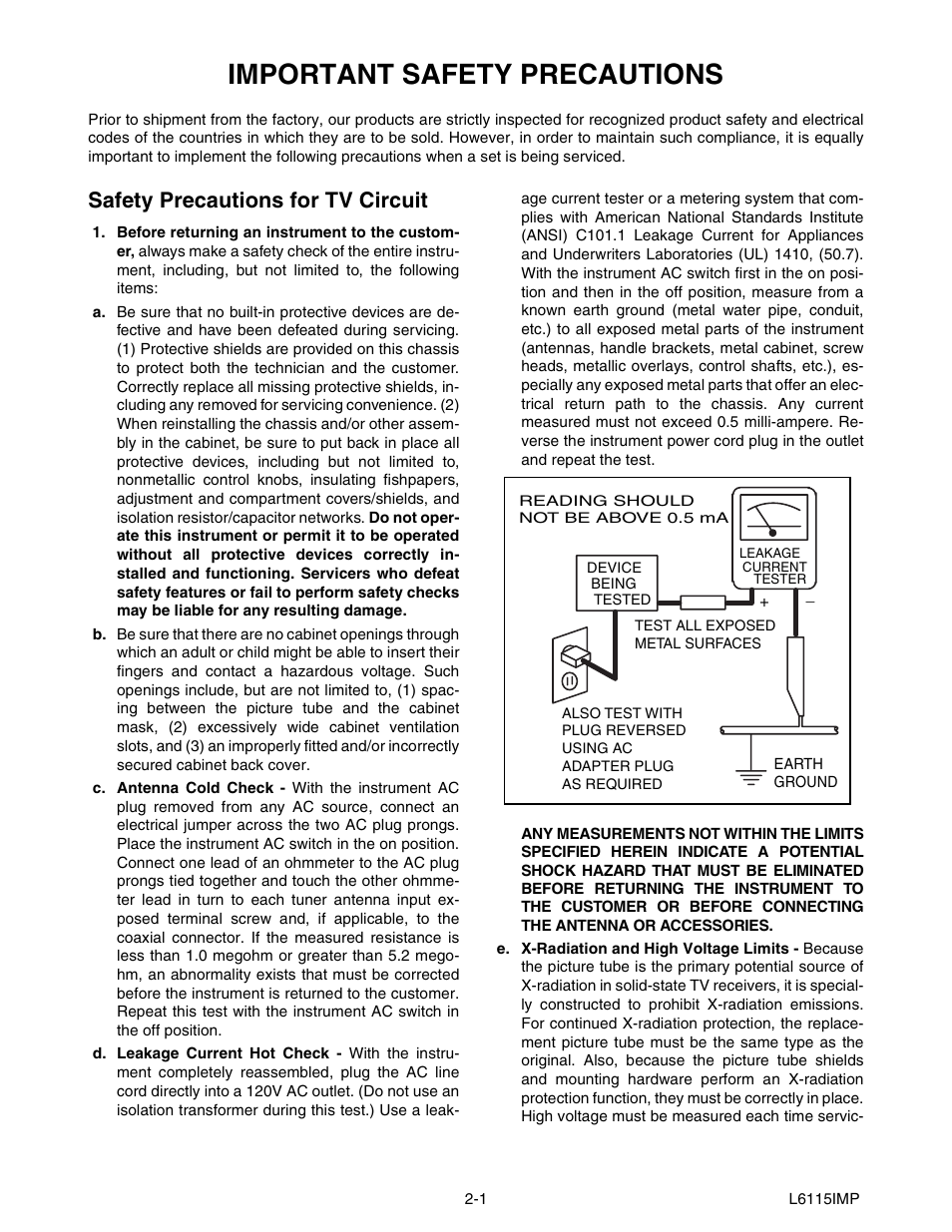 Important safety precautions, Safety precautions for tv circuit | Emerson 20" Color Television 6420FE User Manual | Page 4 / 52