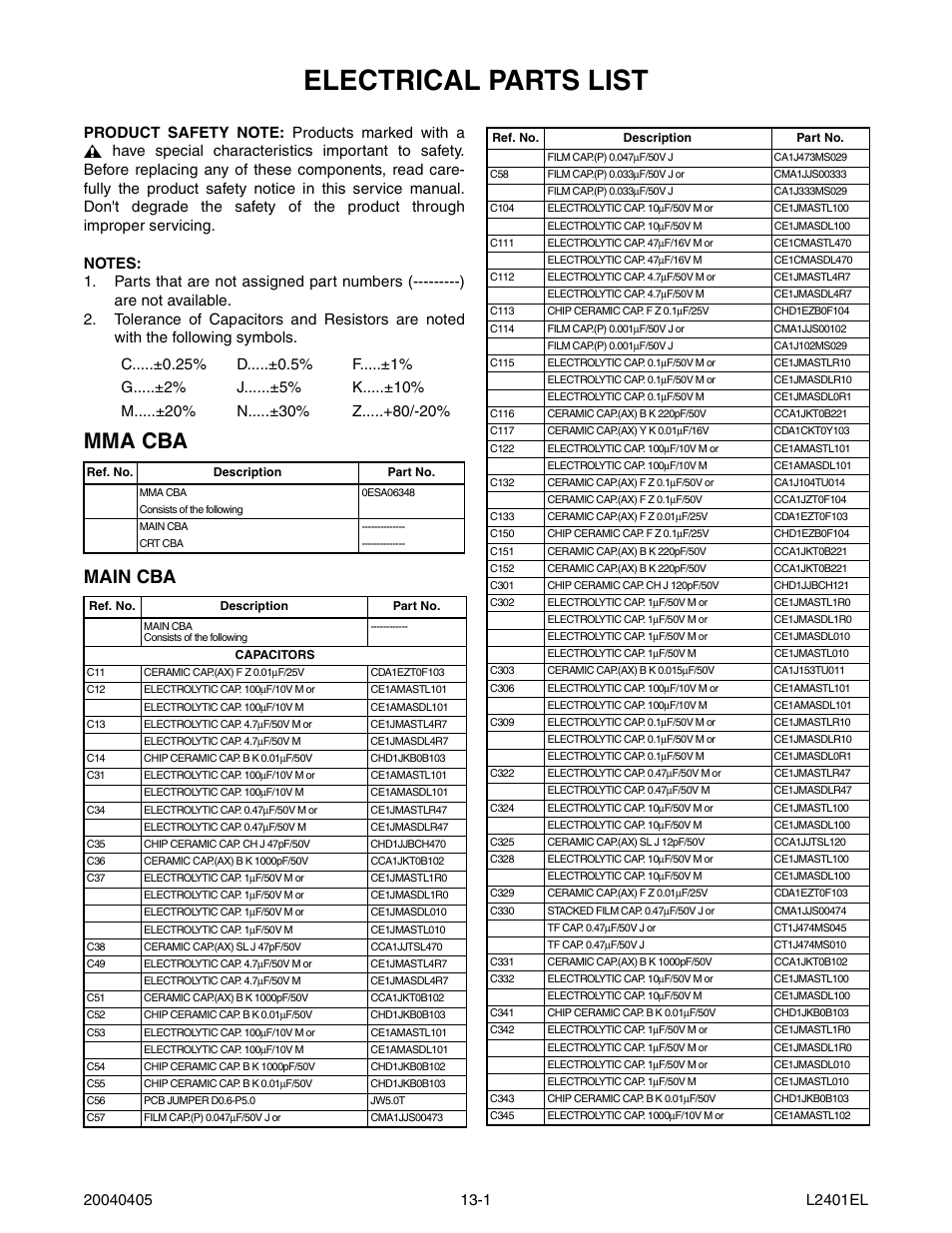 Electrical parts list, Mma cba, Main cba | Emerson 20" Color Television 6420FE User Manual | Page 44 / 52