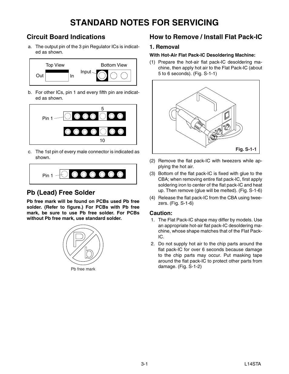 Standard notes for servicing, Circuit board indications, Pb (lead) free solder | How to remove / install flat pack-ic | Emerson 20" Color Television 6420FE User Manual | Page 8 / 52