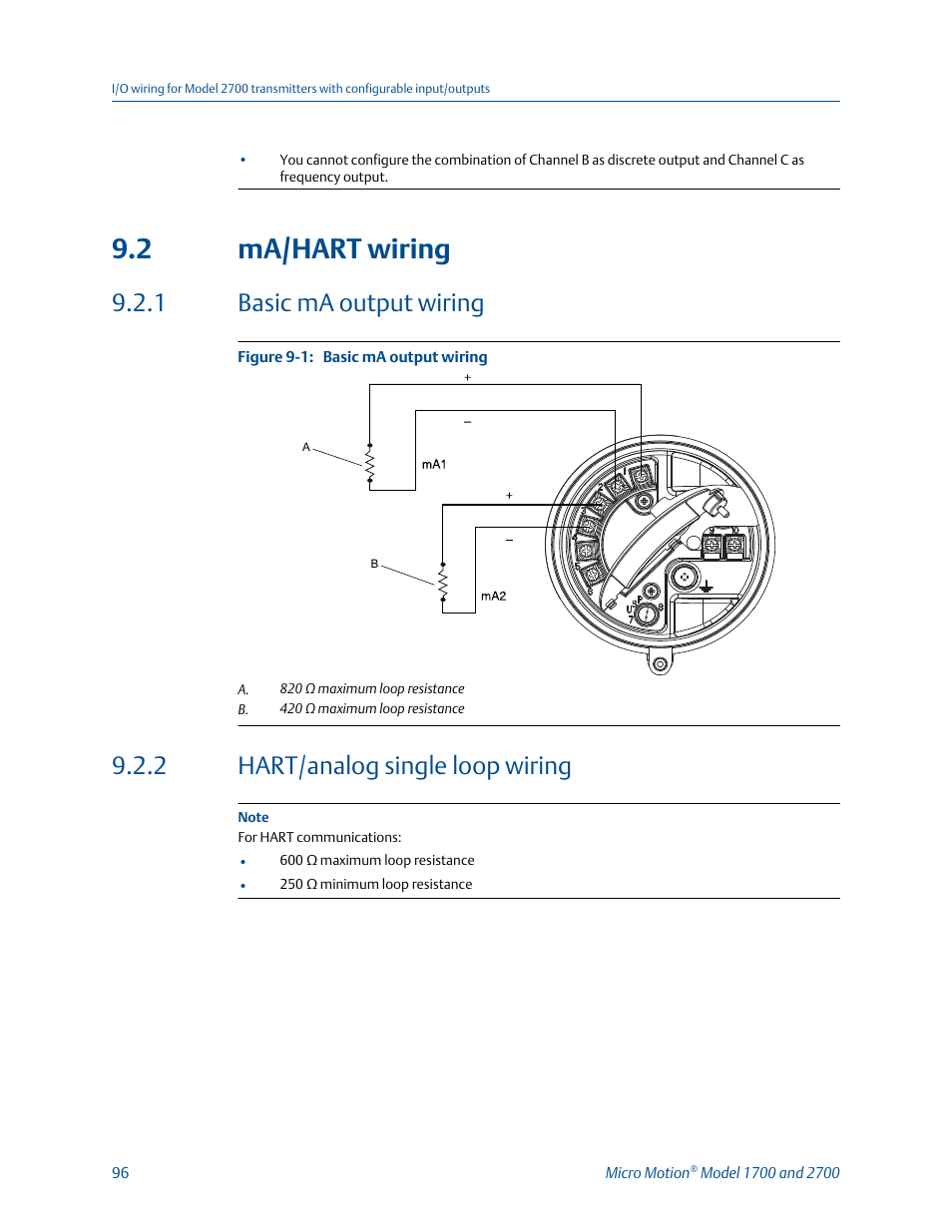 Ma/hart wiring, Basic ma output wiring, Hart/analog single loop wiring | 2 ma/hart wiring, 1 basic ma output wiring, 2 hart/analog single loop wiring | Emerson MICRO MOTION 1700 User Manual | Page 100 / 124