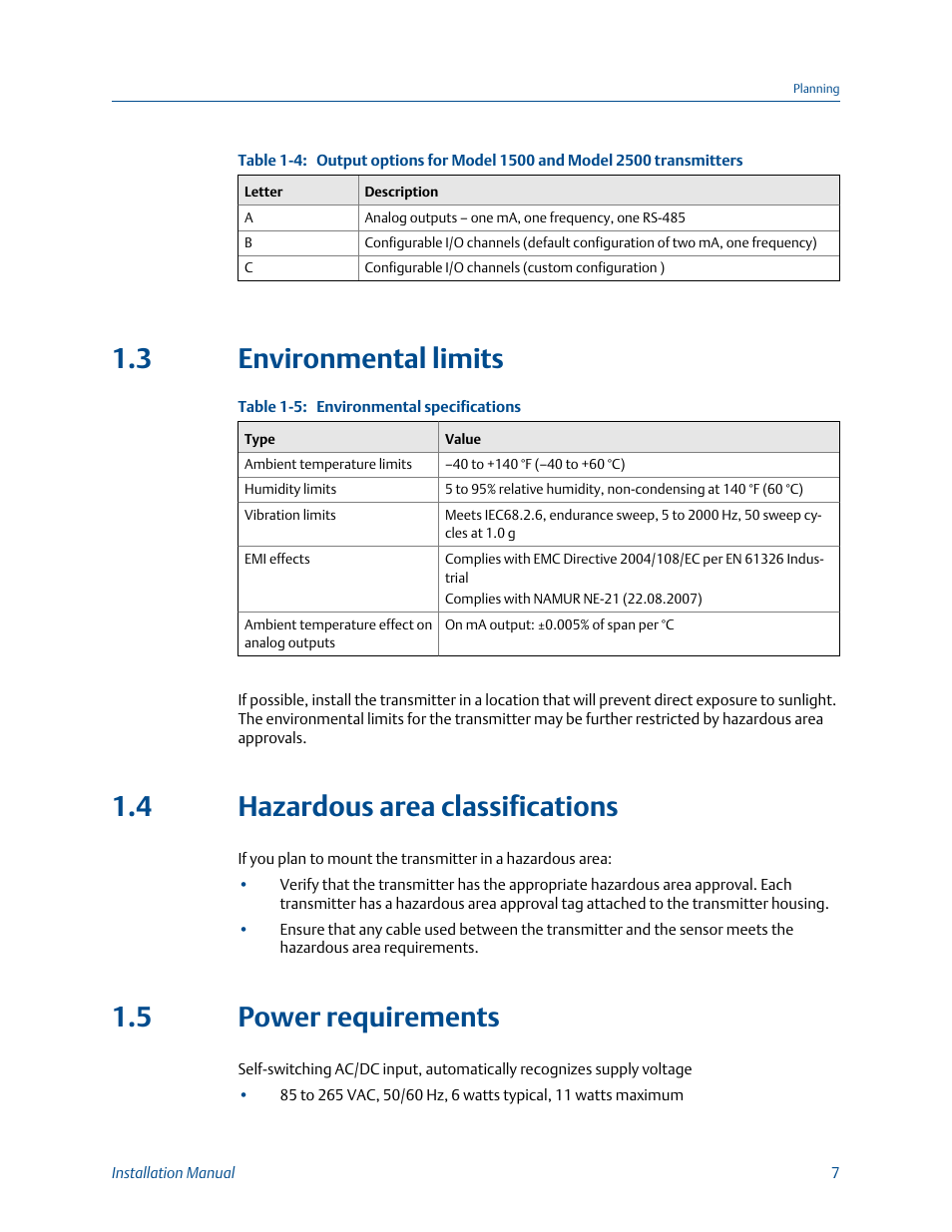 Environmental limits, Hazardous area classifications, Power requirements | 3 environmental limits, 4 hazardous area classifications, 5 power requirements | Emerson MICRO MOTION 1700 User Manual | Page 11 / 124