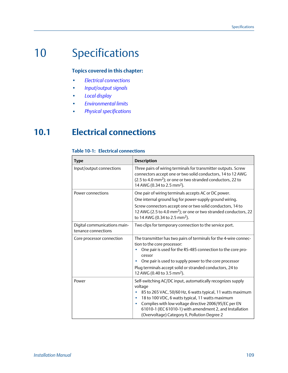 Specifications, Electrical connections, Chapter 10 | 10 specifications, 1 electrical connections | Emerson MICRO MOTION 1700 User Manual | Page 113 / 124