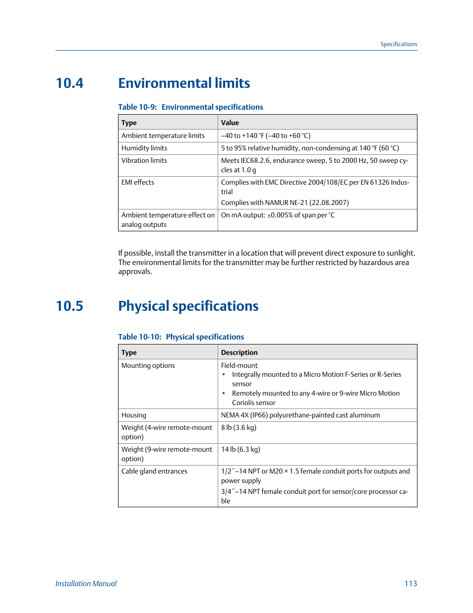 Environmental limits, Physical specifications, 4 environmental limits | 5 physical specifications | Emerson MICRO MOTION 1700 User Manual | Page 117 / 124